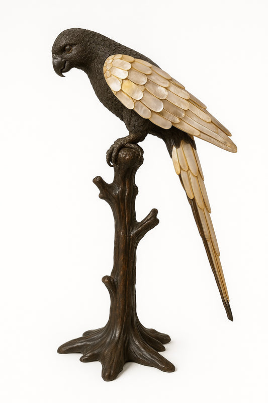 Gorgeous Rare Bronze Parrot Sculpture with Mother of Pearl Feathers.